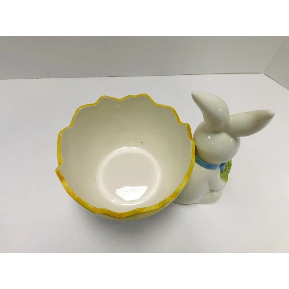 Ceramic Easter Bunny Candy Dish Cracked Egg Figurine Carrot Pastel Bowl DW89